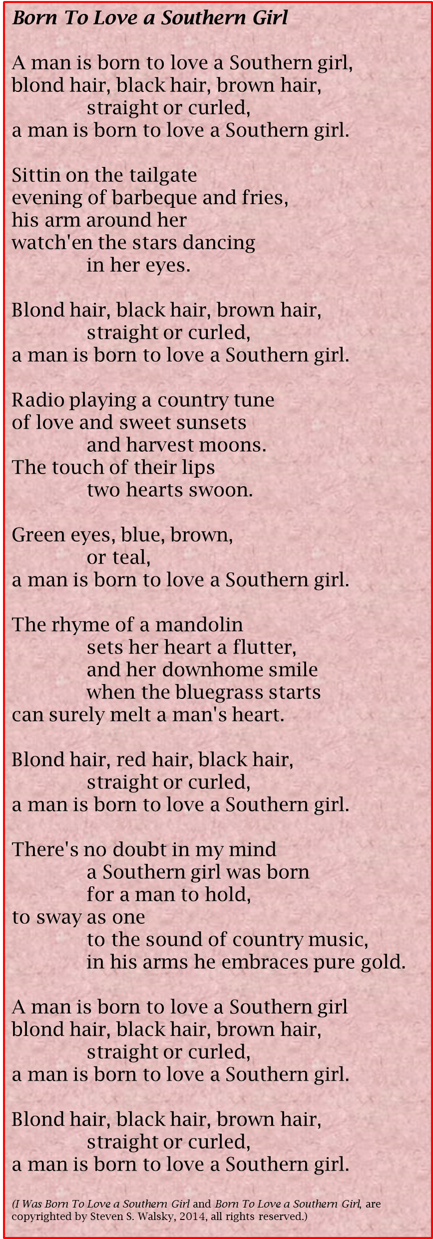 ... personalizedâ€™ singer version, I Was Born To Love a Southern Girl